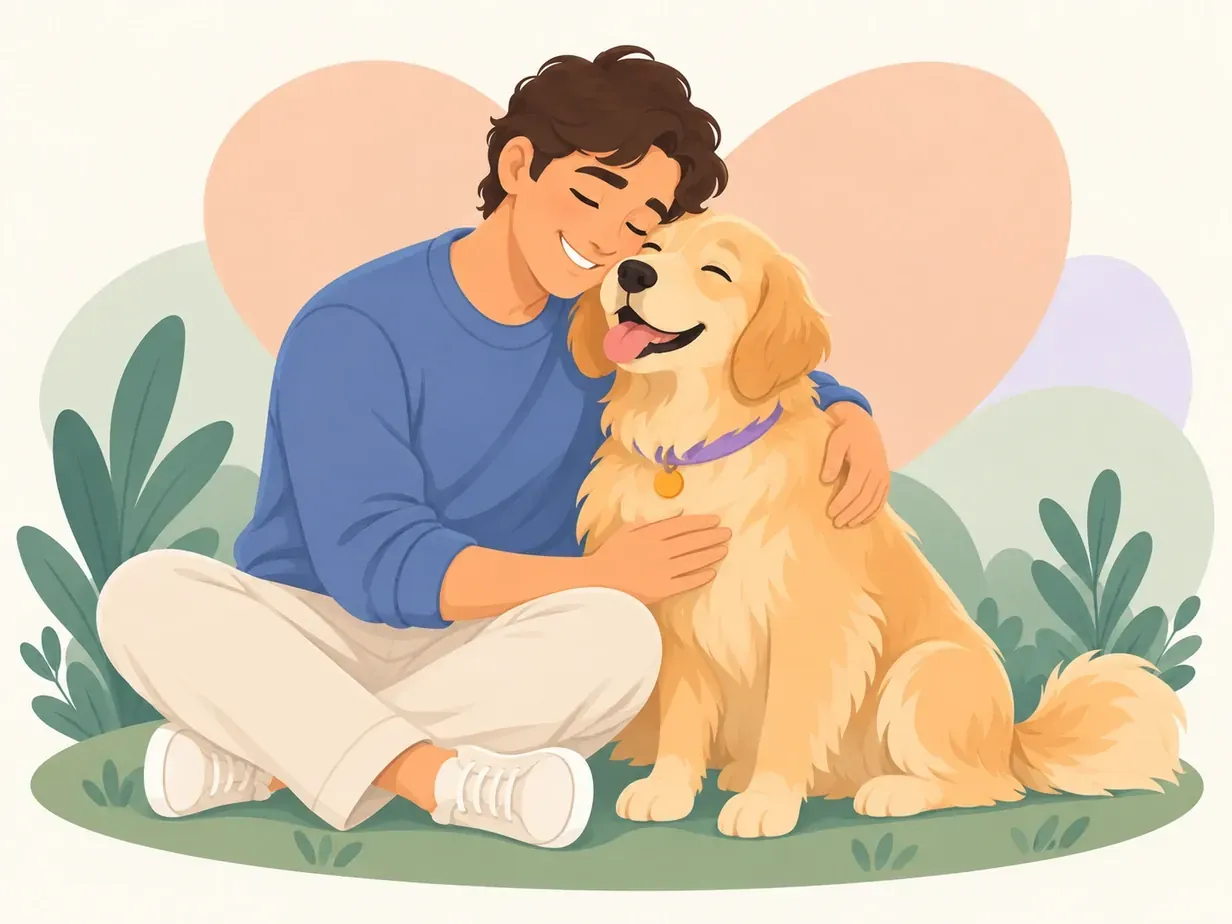 A man sitting on the grass hugging his happy Golden Retriever