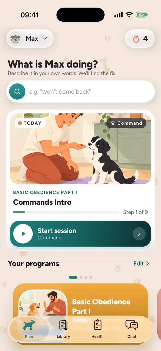The Pawfessor Plan screen: today's session and your programs
